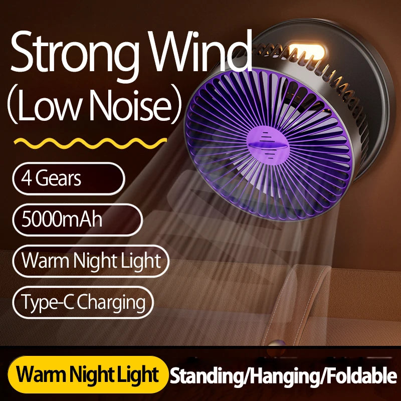 2024 New 5000mAh Rechargeable Table Fan Portable Air Conditioner Wall Mounted Fan 90° Folding Fan 4 Gears with Warm Night Light