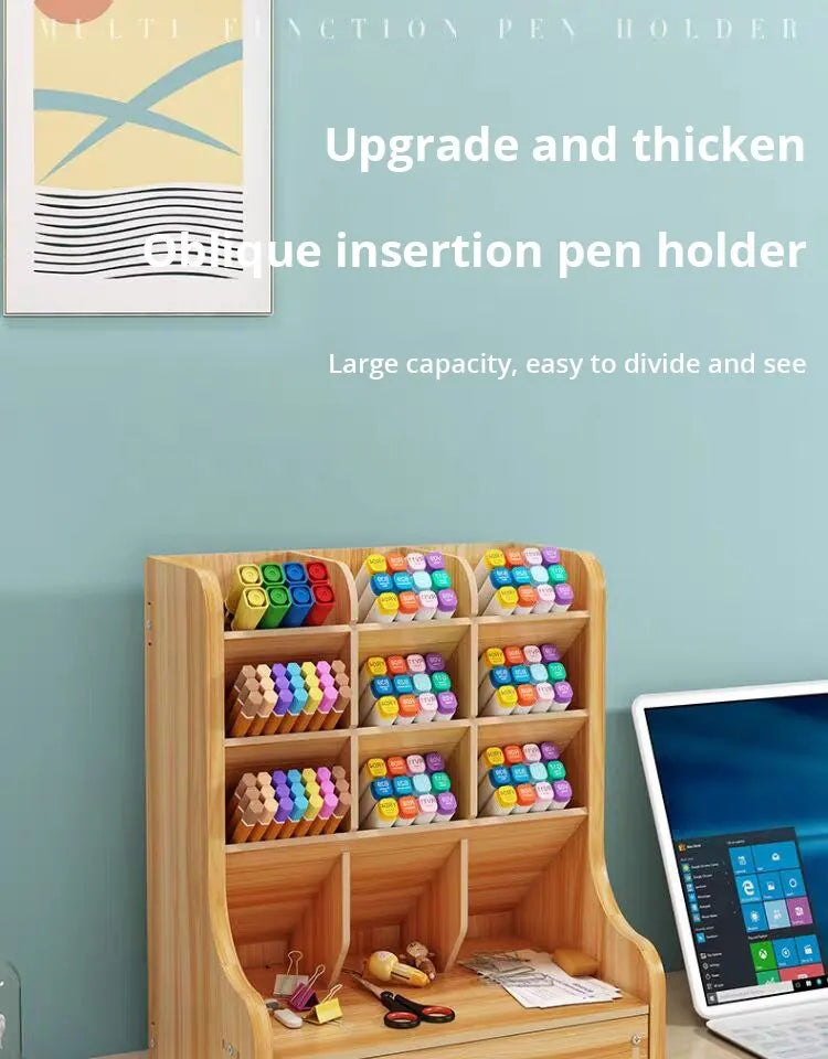 1pc Wooden Desk Organizer Multi-Functional DIY Pen Holder Storage Box Desktop Stationary Storage Rack for Home Office and School