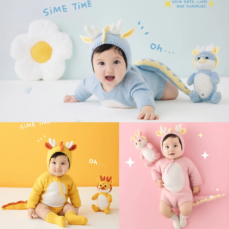 Baby Photography Clothes Lovely Knitted Dragon Outfit With Tail 3-5 Month Infant Photoshoot Props Sunflower Pillow Photo Prop