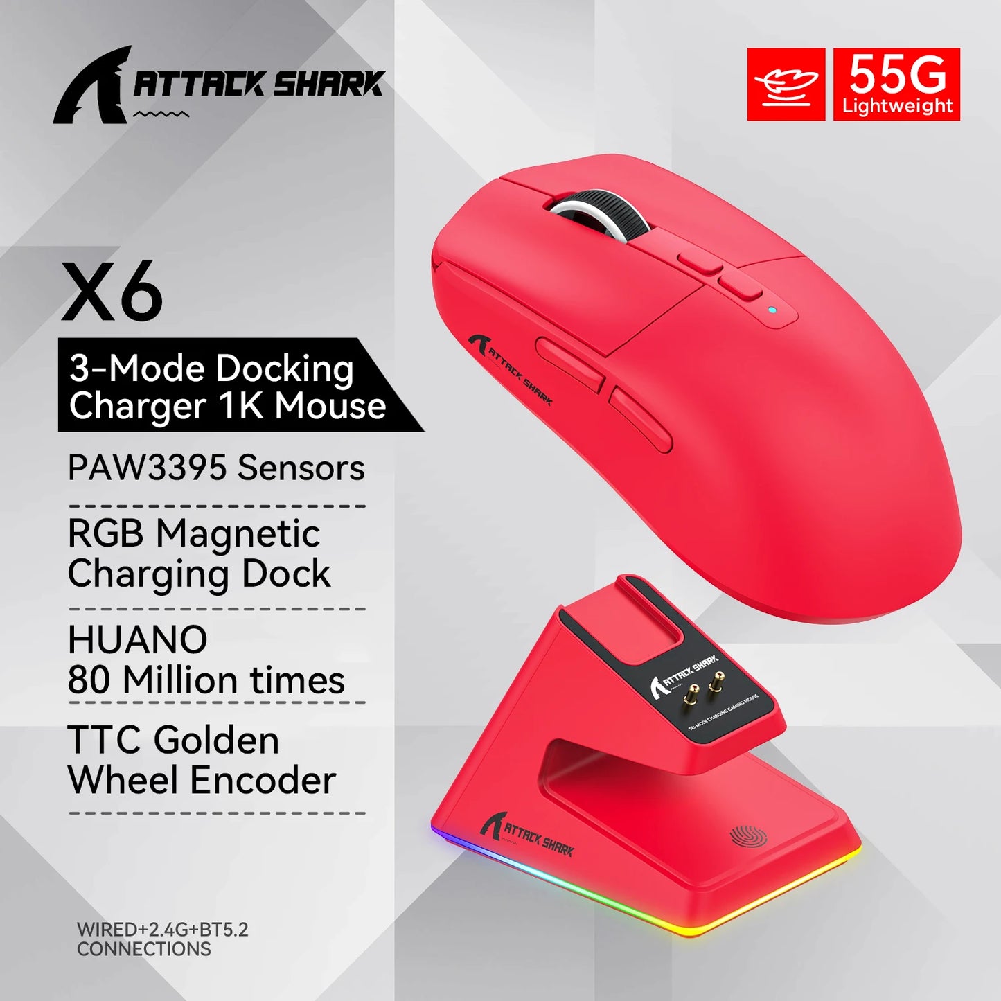 Attack Shark X6 PAW3395 Bluetooth Mouse,Tri-Mode Connection,RGB Touch Magnetic Charging Base,Macro Gaming Mouse