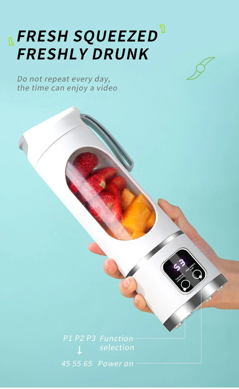 450mL Portable Fruit Juicer with 8 Page Blade Home USB Rechargeable Large Capacity with Digital Display Juice Maker Machine