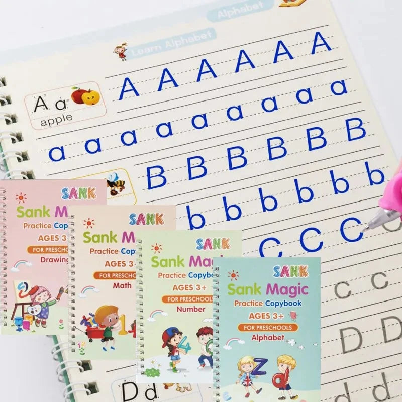 4 Books + Pen Magic Copy Book Free Wiping Children's kids Writing Sticker Practice English Copybook For Calligraphy Montessori