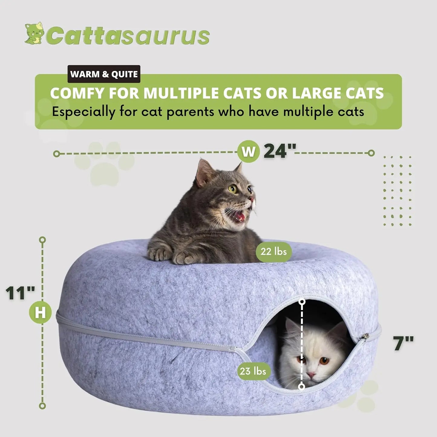 CATTASAURUS Peekaboo Cat Cave for Multiple & Large Cats Up to 30-45 Lbs, Scratch Detachable & Washable Tunnel Bed,Donut Cat Cave