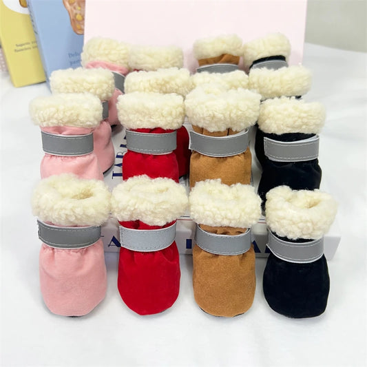 4Pcs/Lot Winter Thick Warm Dog Shoes Soft Plush Non-slip Waterproof Snow Boot Puppy Outdoor Walking Shoes Pet Accessories