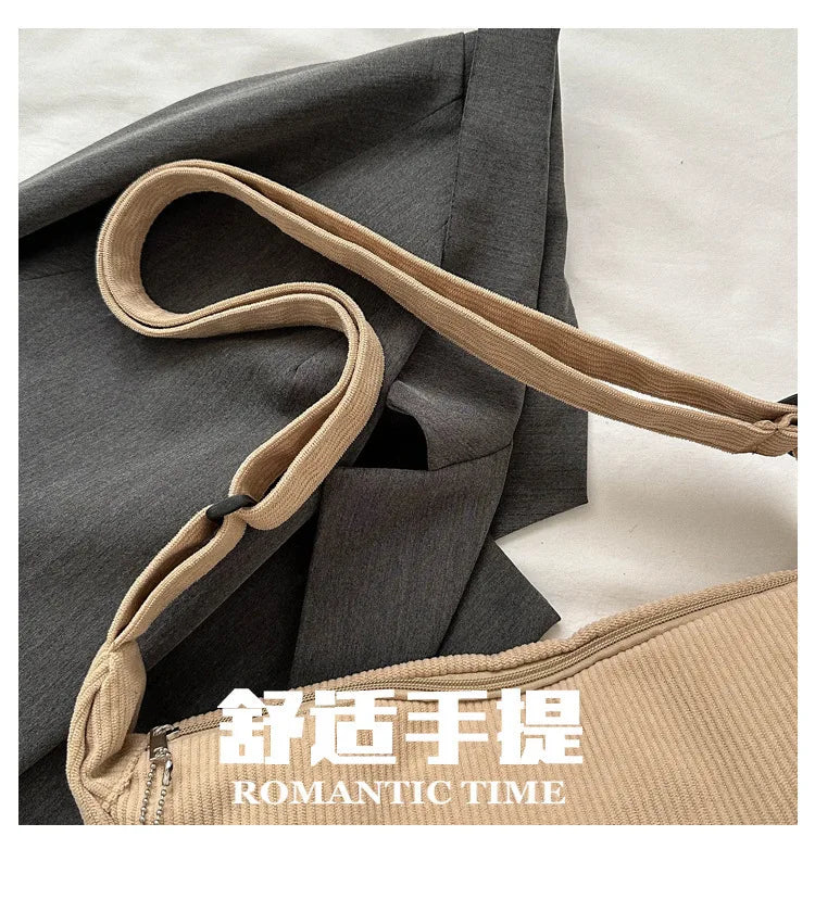 Black Corduroy Bags for Women Japanese Canvas Large Single Shoulder Crossbody Dumpling Bag Student Korean Casual Simple Handbag