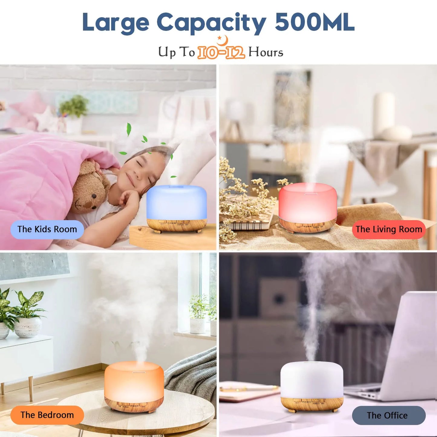 500ML Aroma Diffuser (Oils Optional), 5V 2A Essential Oil Aromatherapy Diffuser Humidifier with Remote Control  for Home Office