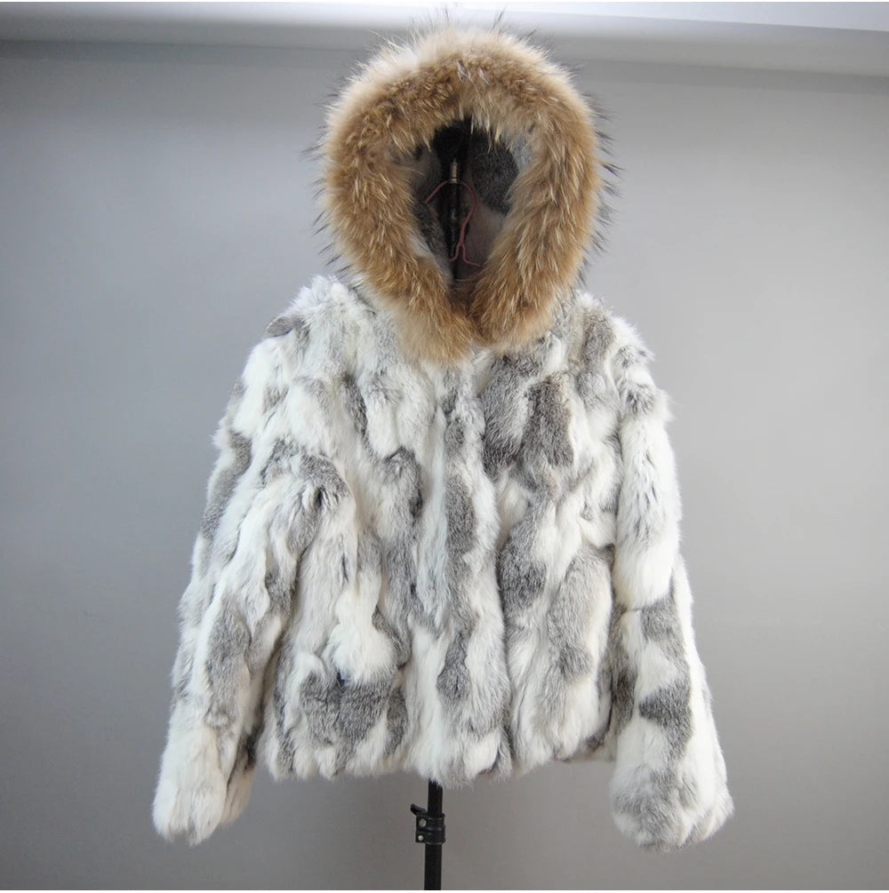 2025 Russian Women Real Rabbit Fur Coats Winter Warm 100% Natural Rabbit Fur Jacket Lady Warm With Raccoon Fur Hooded Outerwear