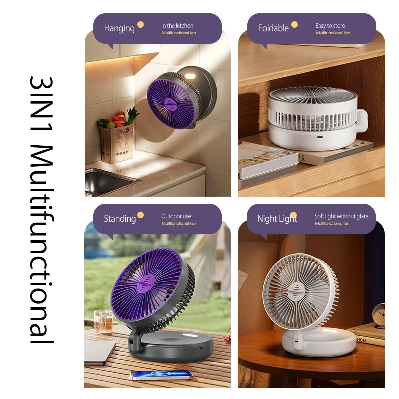 2024 New 5000mAh Rechargeable Table Fan Portable Air Conditioner Wall Mounted Fan 90° Folding Fan 4 Gears with Warm Night Light