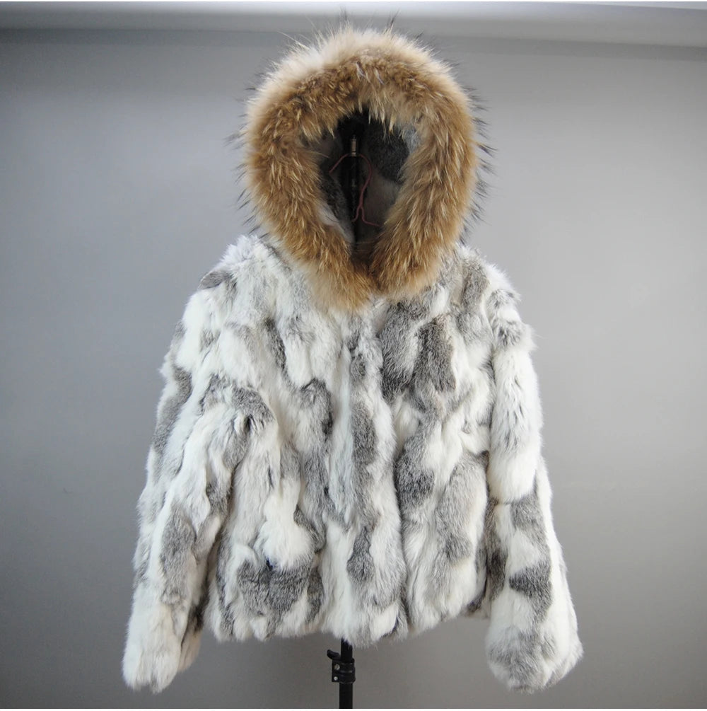 2025 Russian Women Real Rabbit Fur Coats Winter Warm 100% Natural Rabbit Fur Jacket Lady Warm With Raccoon Fur Hooded Outerwear