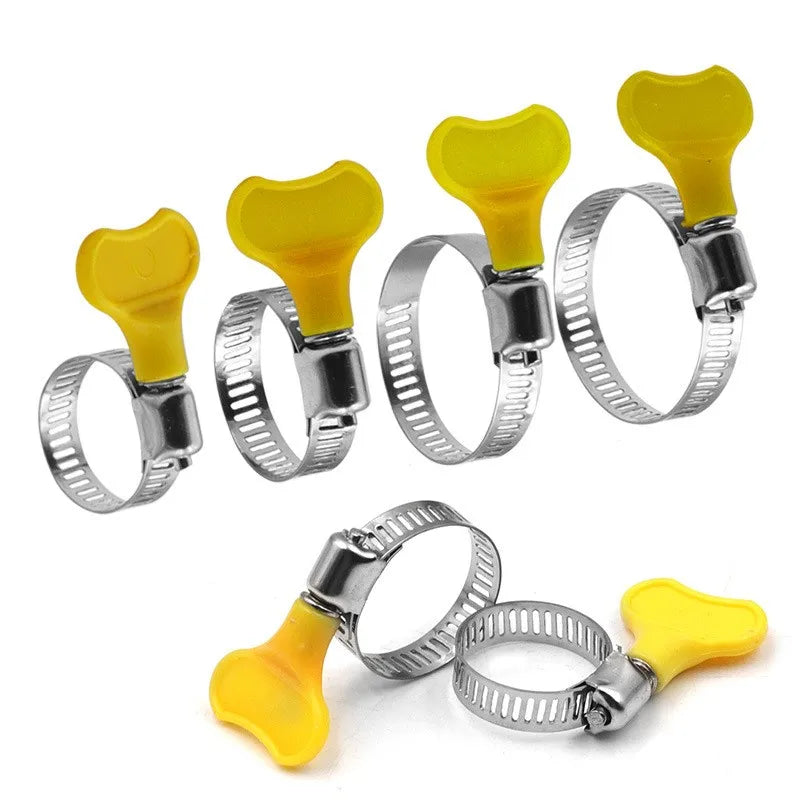 5 pcs 8-44mm Adjustable Yellow Plastic Handle Hand Twist Hose Clamps Worm Driving  201 Stainless steel Pipe Clips For Tube