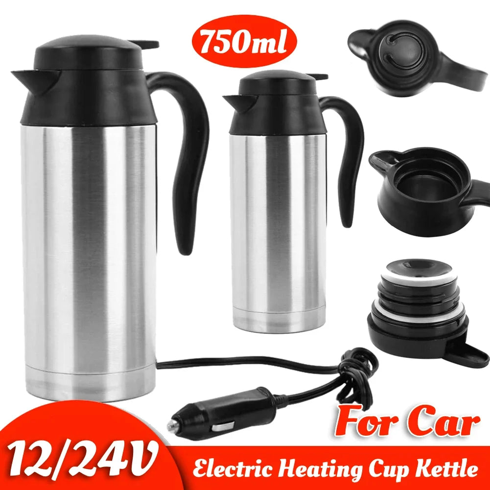 750ML Car Electric Heating Cup Kettle 12/24V Stainless Steel Water Heater Bottle for Tea Coffee Drinking Travel Truck Motorcycle