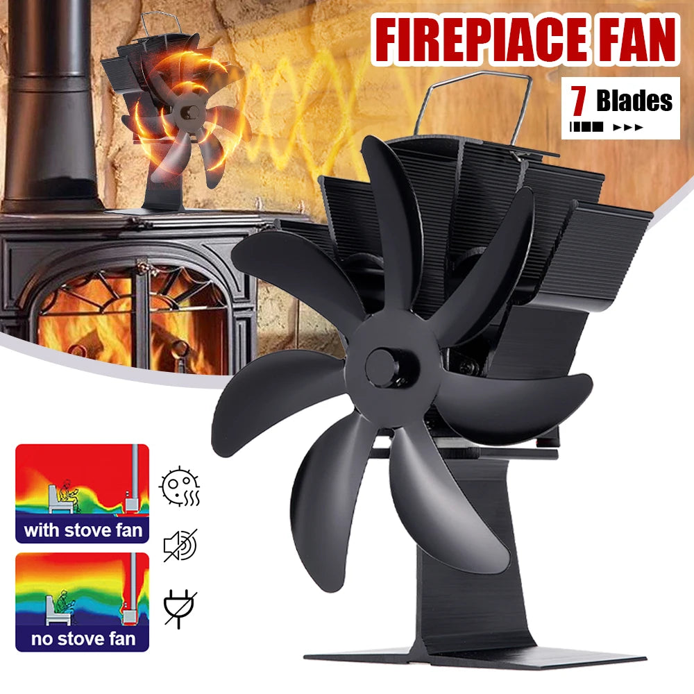 7 Blade Thermal Fireplace Fan Standing Classic Cordless Low Noise Home Ice Fishing Log Burner Aluminum Alloy Fan No Electricity