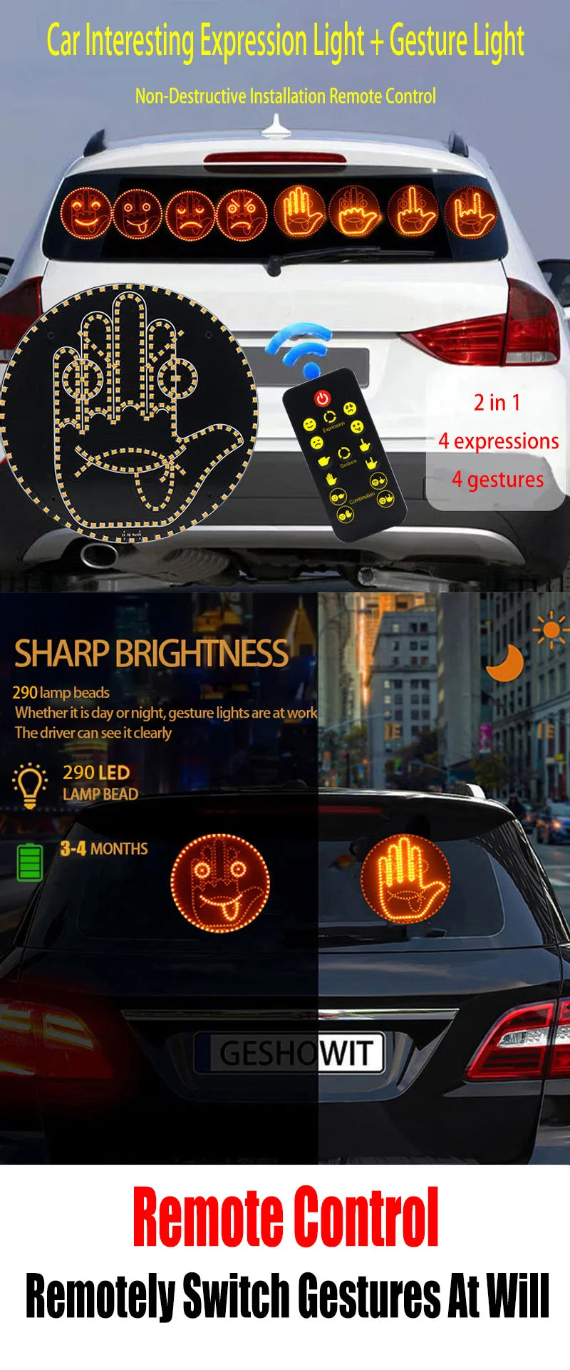 Car Expression Remote Control Led Lighting Road Rage Middle Finger Gesture Palm Light Accessories