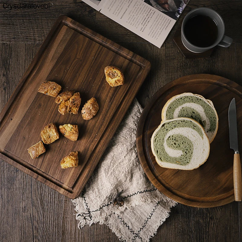 Black walnut round pizza chopping board with handle Solid wood unpainted household cutting board Slotted steak plate bread