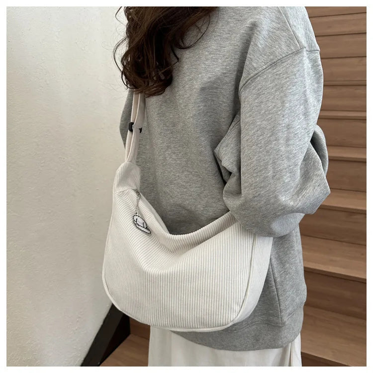 Black Corduroy Bags for Women Japanese Canvas Large Single Shoulder Crossbody Dumpling Bag Student Korean Casual Simple Handbag