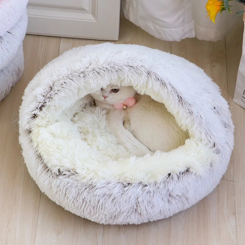 1PC Cat Beds Round Soft Plush Burrowing Cave Hooded Cat Bed Donut for Dogs Cats Comfortable Self Warming Dog Bed Pet Accessories