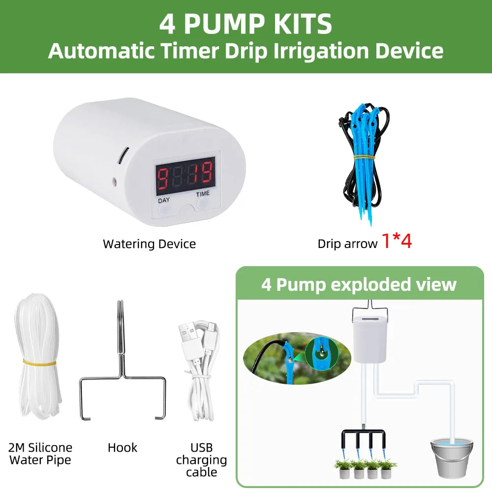 Automatic Plant Flower Watering Pump Home Sprinkler Drip Irrigation Device 2/4/8/16 Heads Pump Timer System Kit Garden Tool