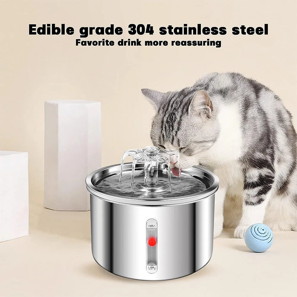 2L Automatic Pet Water Fountain 304 Stainless Steel Ultra-Quiet Pump Automatic Circulation Water Fountain for Cats Dogs