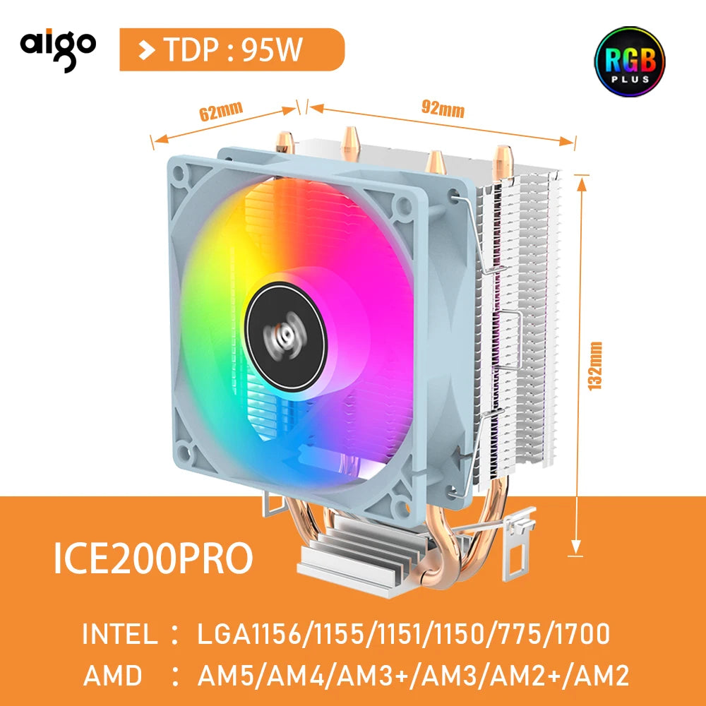 Aigo CPU Cooler 2 4 6 Heat Pipes PC Radiator Cooling 3PIN PWM Silent Rgb Fan For Intel  1700 1150 1155 1156 1366 AM2/AM3/AM4 AMD