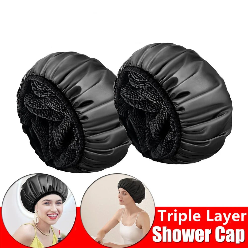 Adjustable Double Layer Satin Bonnet Nightcap Doubleside Women Round Shower Caps Night Sleep Polyester Hat Solid Black Lining