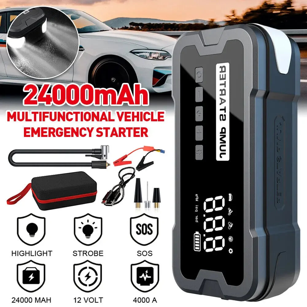 4000A Car Jump Starter Air Pump 25 Cylinder Inflatable Pump with Air Compressor Jumper Box 24000mAh Power Bank Battery Charger