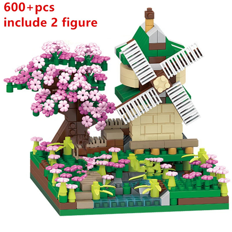 2138pcs DIY Discoloration Cherry Blossom Flower Pink Tree House Train Assembly Building Blocks Classic Model Bricks Sets Kid