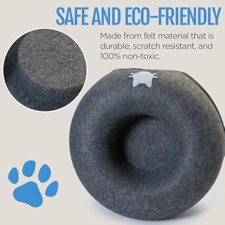 Cat Cave Donut Bed - Large Cat Tunnel Bed up to 30lbs - 3 Toy Balls and Hanging Ball Included - Detachable Cleanable Scratch Re