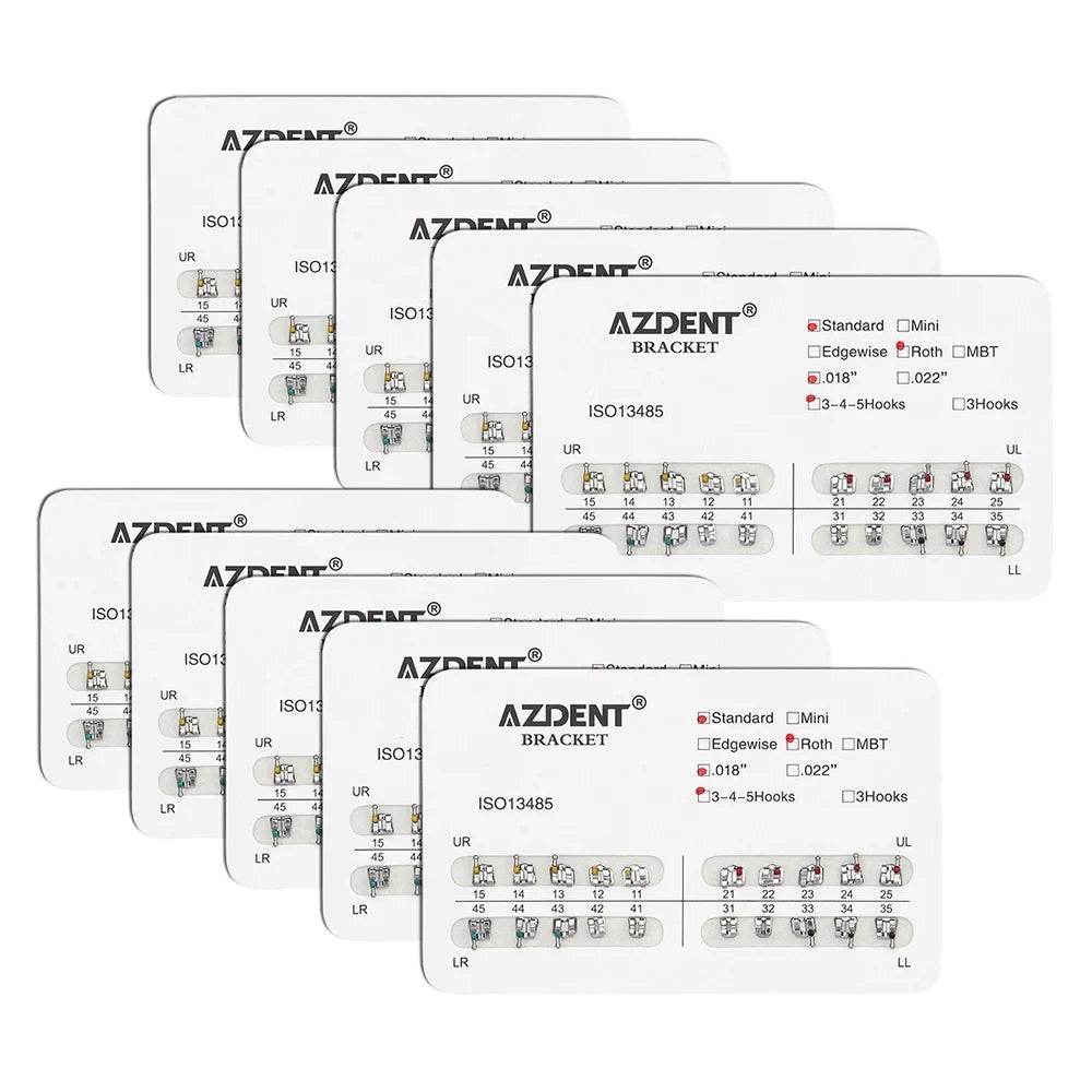 AZDENT 10Packs Dental Brackets Orthodontic Brace Metal Mini Standard Roth MBT Slot 0.022 0.018 Hooks 3-4-5 20pcs per Pack