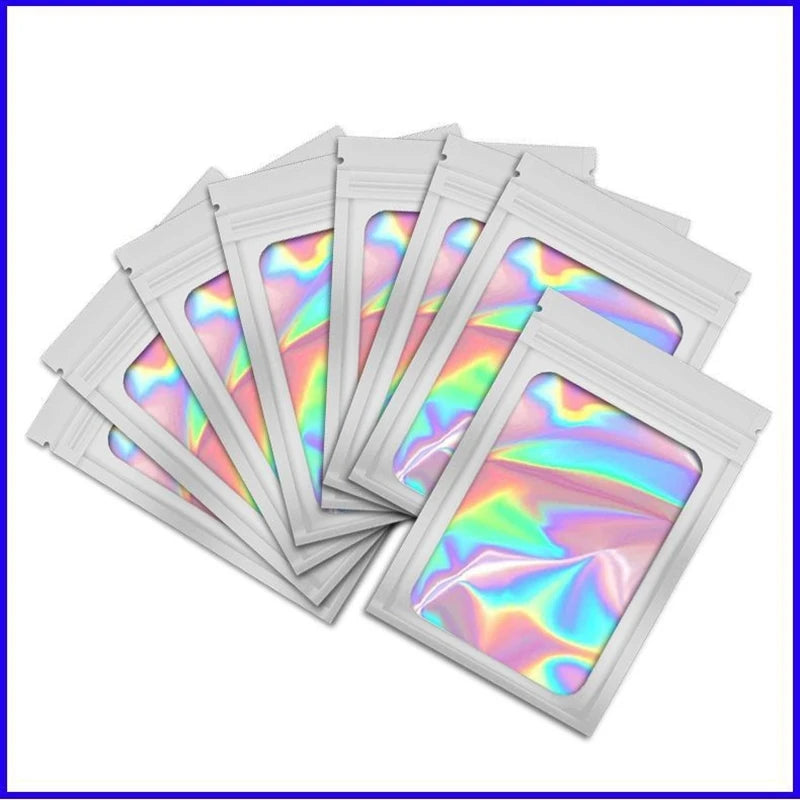 50pcsThick Smell Proof Mylar Bags Holographic Laser Color Plastic Packaging Pouch Jewelry Retail Storage Pouch Gift Zip Lock Bag