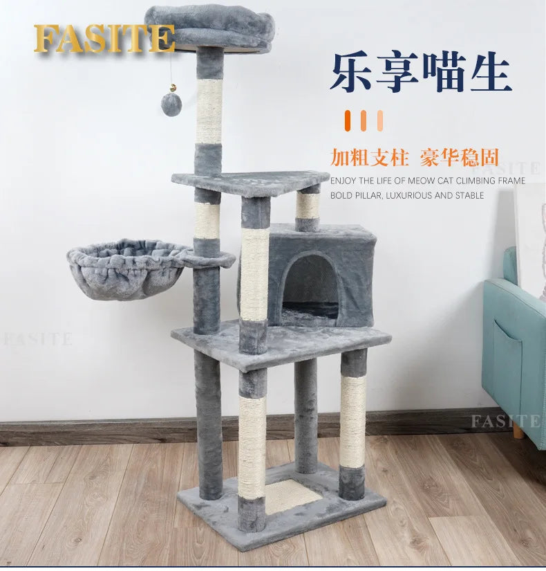 Cat Tower Hammock Cat Tree House Toy Bed Basket Big Condo Tunnel Home Ball Ceiling Ramp Outdoor Nest Swing Wooden Supplies Pet