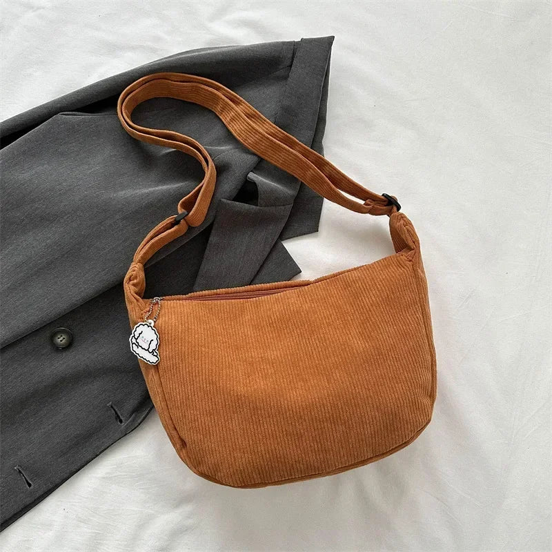 Black Corduroy Bags for Women Japanese Canvas Large Single Shoulder Crossbody Dumpling Bag Student Korean Casual Simple Handbag