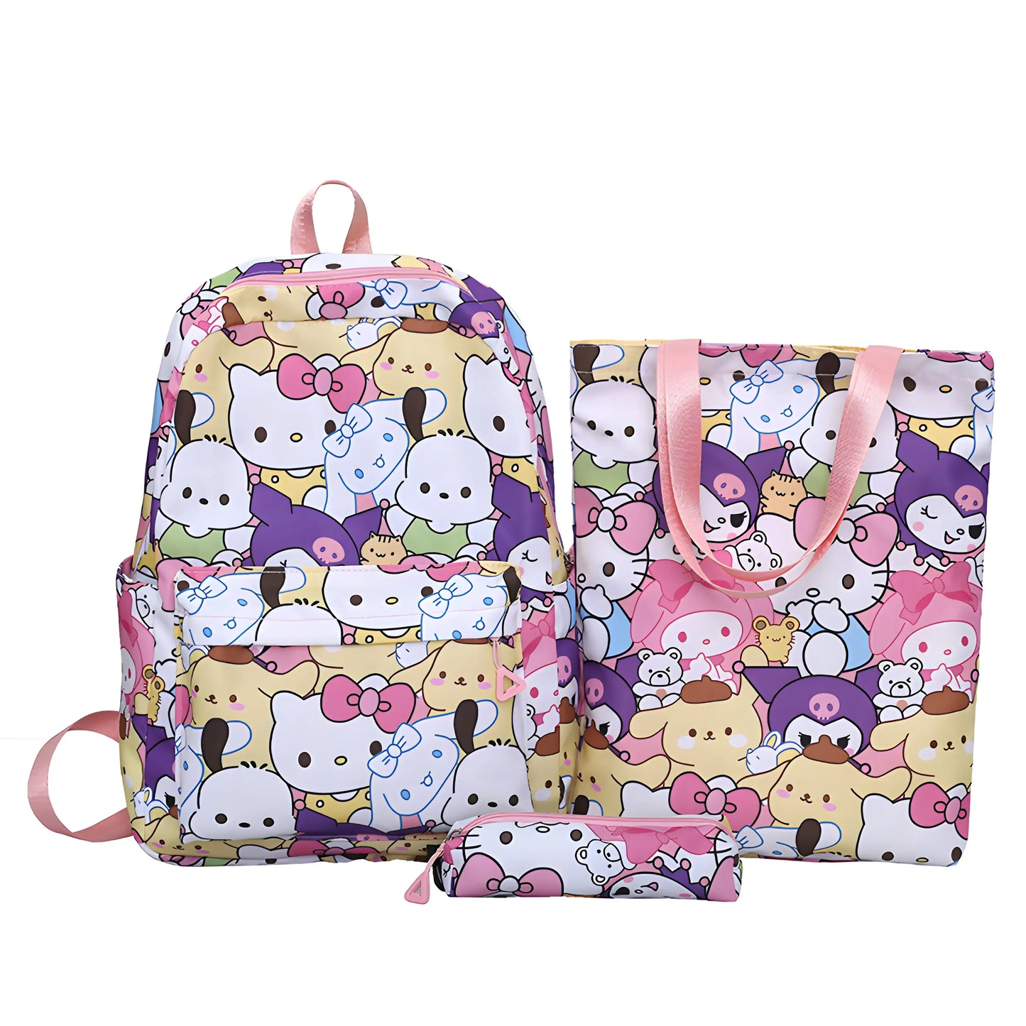 3pcs Cinnamoroll Hello Kitty Sanrio Backpack Set, Kuromi Tote Shoulder Handbag, Casual Outdoor Daypack with Pencil Bag