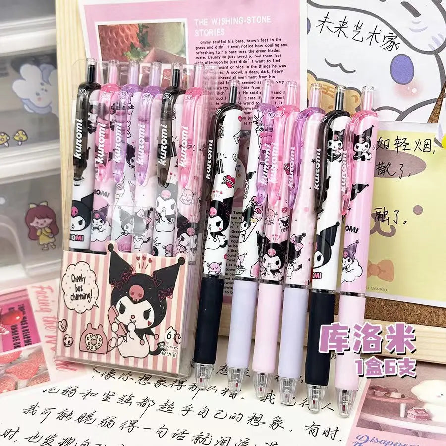 6Pcs Sanrio Gel Pen Hello Kitty Cartoon Kuromi ST Quick Drying Black 0.5mm Press The Ballpoint Pen Learning Stationery Gifts