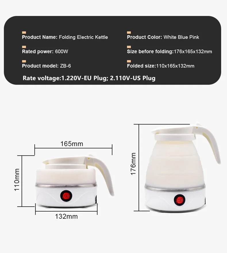 220V 0.6L Mini Folding Kettle Portable Water Heater 600W Silicone Compression Electric Kettle Home Kettle Easy To Travel