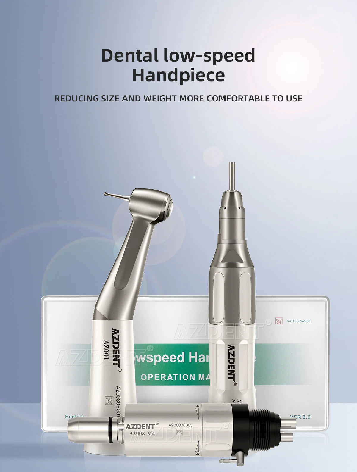 1PC AZDENT Dental Low Speed Handpiece 1:1 Contra Angle for ø2.35mm CA Burs Push Button Straight NoseCone Air Motor 2/4 Holes