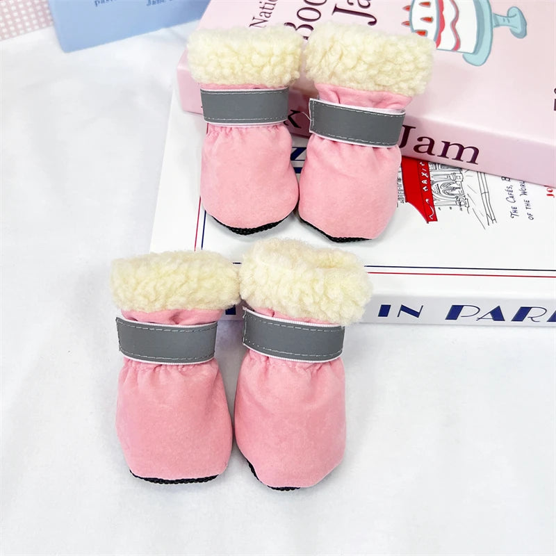 4Pcs/Lot Winter Thick Warm Dog Shoes Soft Plush Non-slip Waterproof Snow Boot Puppy Outdoor Walking Shoes Pet Accessories