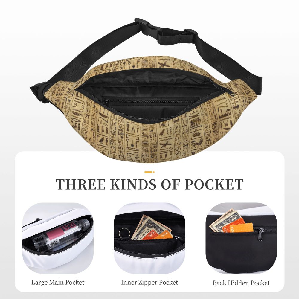 Ancient Gold Pharaoh Egypt King Tut Fanny Bag Custom Egyptian Hieroglyphic Sling Crossbody Waist Pack Hiking Phone Money Pouch