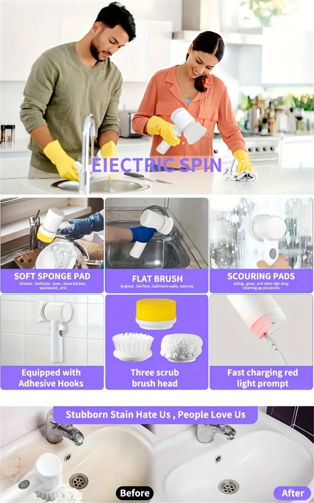 Coldless Electric Spin Scrubber,Bathroom Cleaning Brush Power Scrubber with 5 Replaceable Brush Heads, Electric Cleaning Brush