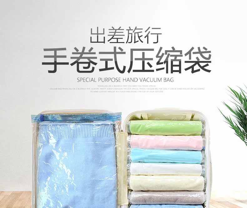 2023 Roll-Up Compression Vacuum Clothes Storage Bags Space Saver Foldable Travel Luggage Seal Pouch Home Package Packing Cube