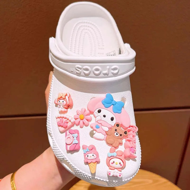 6-8Pcs Sanrio Hello Kitty Kuromi Cinnamoroll Shoe Charm Set LED DIY Shoe Decorations Accessories for Slides Sandals Clogs Gift