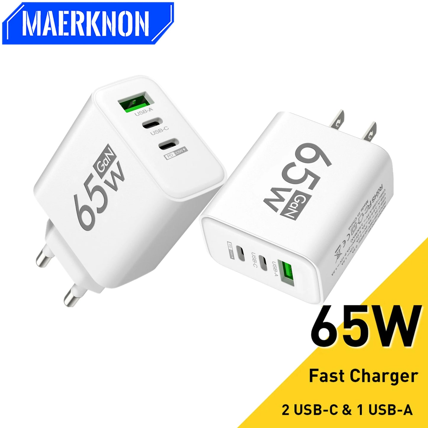 65W GaN USB Type C Charger Fast Charging Phone Charger PD Quick Charge3.0 Adapter For iPhone 14 Xiaomi 13 Samsung Huawei Oneplus