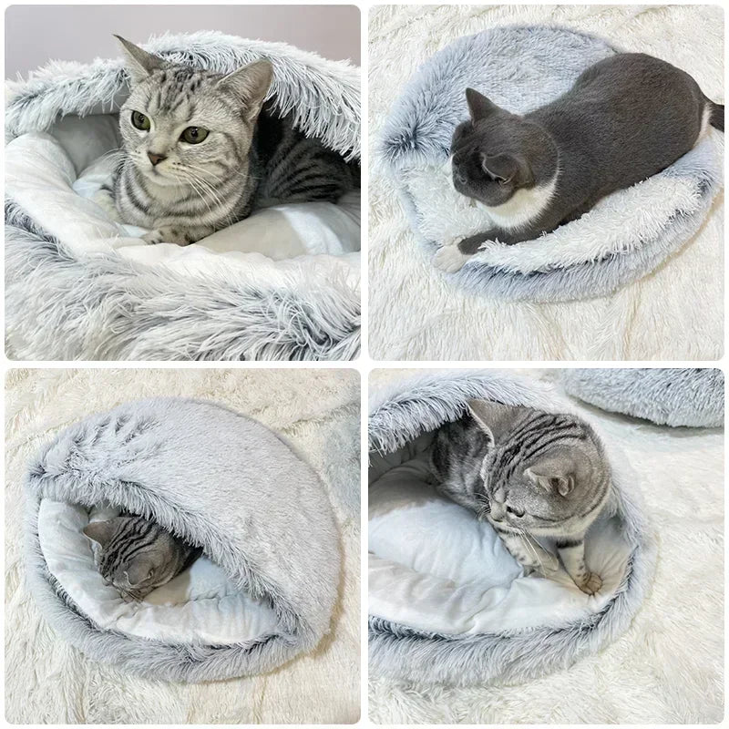 1PC Cat Beds Round Soft Plush Burrowing Cave Hooded Cat Bed Donut for Dogs Cats Comfortable Self Warming Dog Bed Pet Accessories