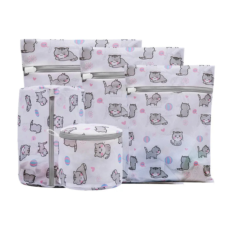 Cartoon Cat Printing Laundry Bag for Washing Machines Lingerie Wash Bags Foldable Dirty Clothes Bag Bra Underwear Laundry Basket