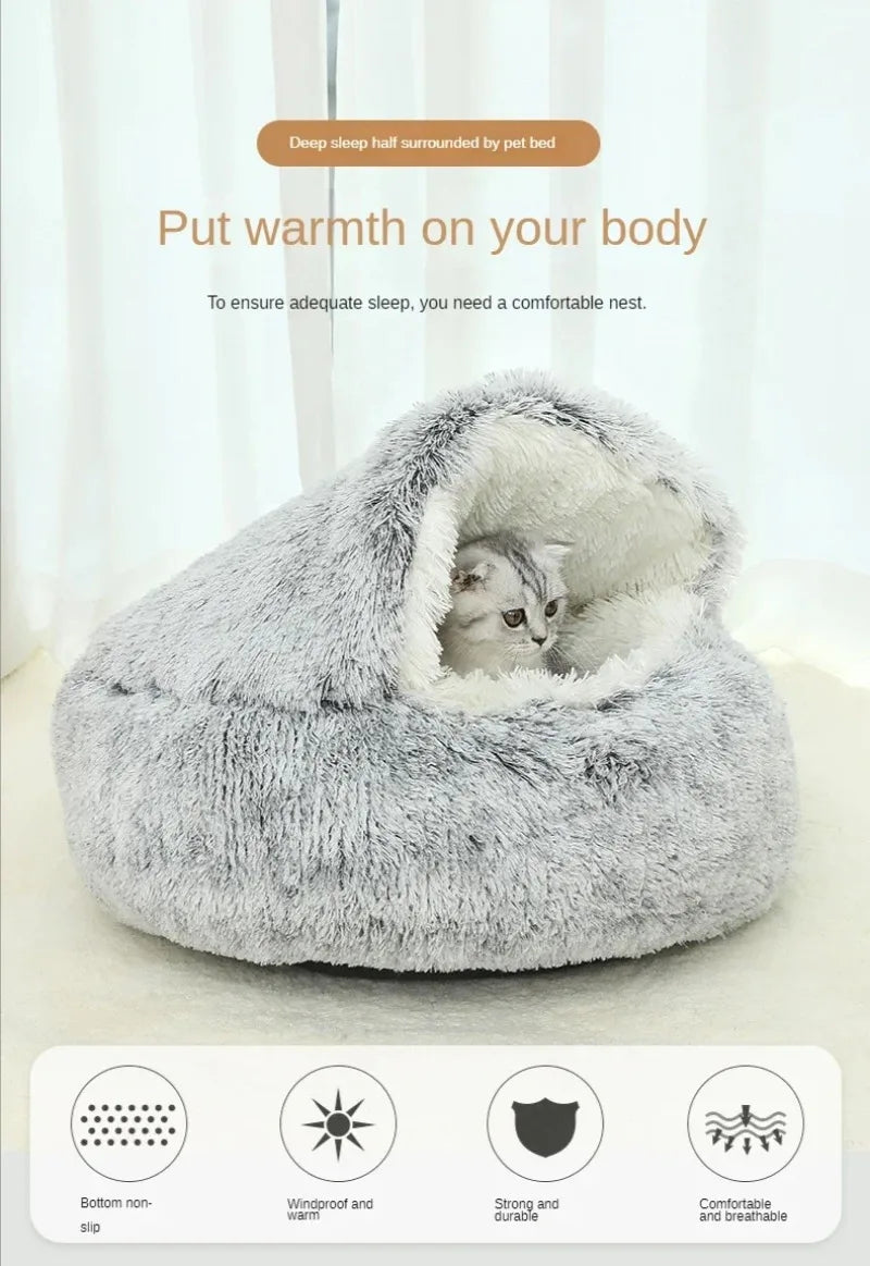 1PC Cat Beds Round Soft Plush Burrowing Cave Hooded Cat Bed Donut for Dogs Cats Comfortable Self Warming Dog Bed Pet Accessories