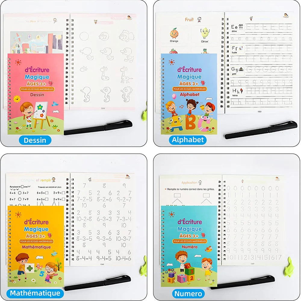 4 Book/Set French Magic Writing Book for Kids Notebooks Mathematics Montessori Calligraphy Learn to Write 3D French Copy Book