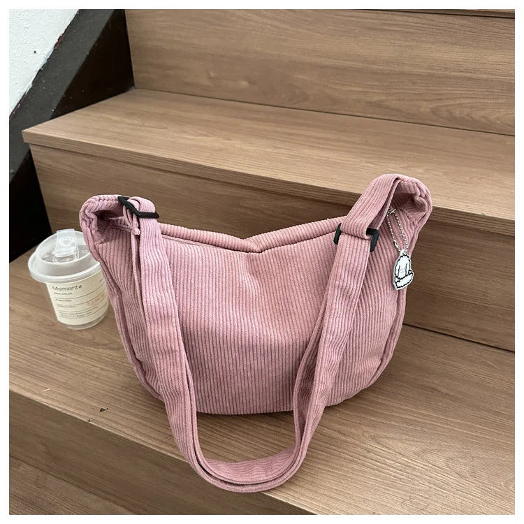 Black Corduroy Bags for Women Japanese Canvas Large Single Shoulder Crossbody Dumpling Bag Student Korean Casual Simple Handbag