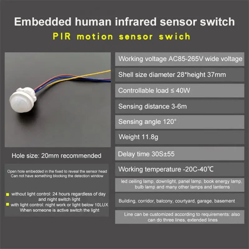 Body Motion Sensor High Sensitivity Universal Wiring Hot Wardrobe Light Controller Easy To Install Abs Infrared Pir Probe