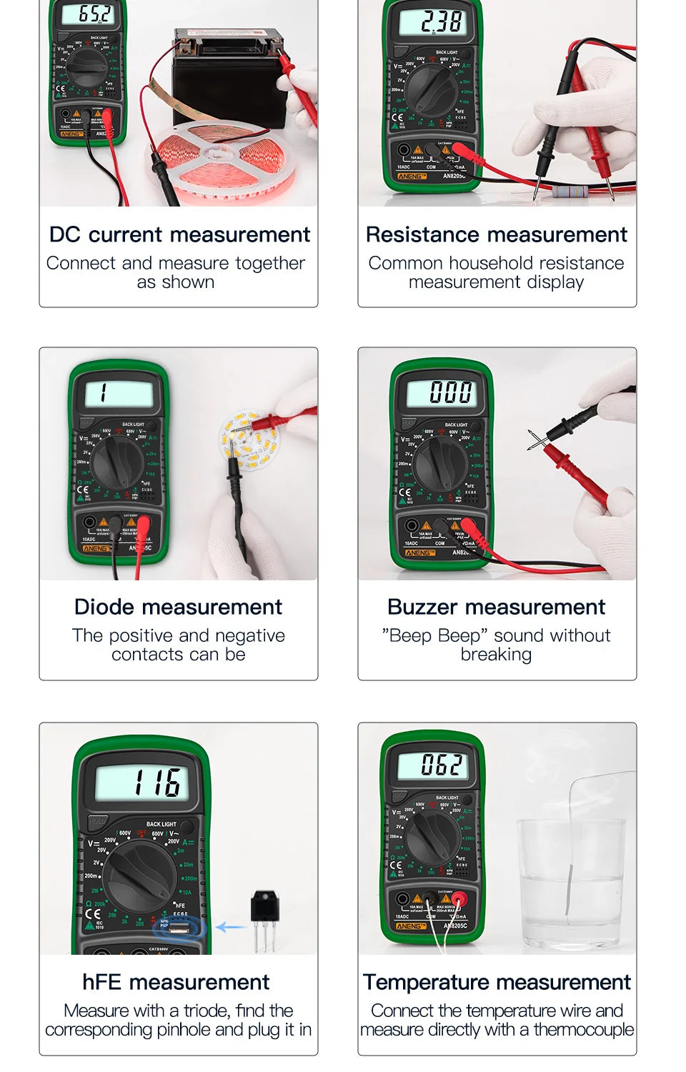 ANENG AN8205C Digital Multimeter AC/DC Ammeter Volt Ohm Multimetro Tester Meter With Thermocouple LCD Backlight Portable