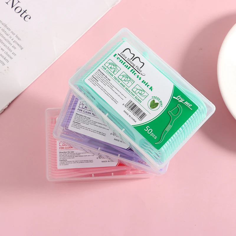 50Pcs/Box Floss Toothpick Set Colorful Fruit Flavor Dental Floss Stick Tooth Cleaning Dental Floss Pick Oral Hygiene Care