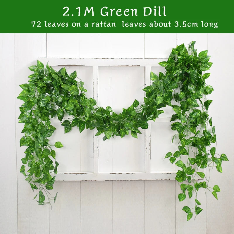 2.1M Artificial Plant Green Ivy Leaf Garland Silk Wall Hanging Vine Home Garden Decoration Wedding Party DIY Fake Wreath Leaves